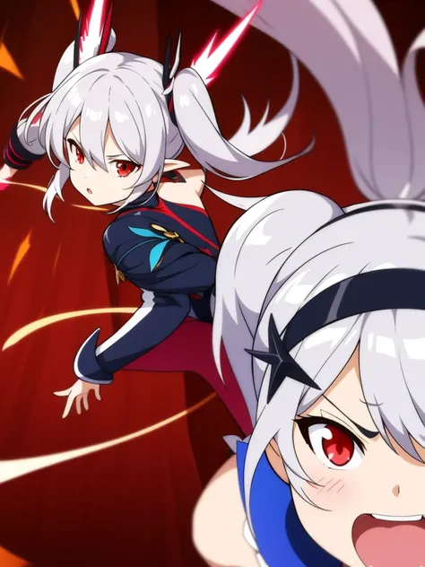 1girl, anime girl, silver hair, long twintails, red eyes, rage face, honkai