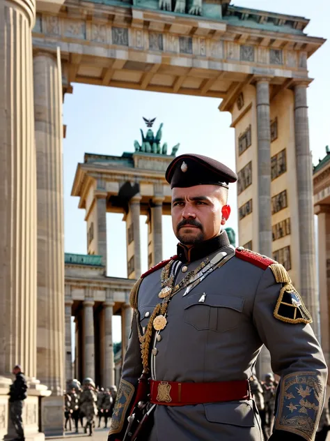 Create an image of a middle-aged warrior. The warrior has many medals, his face is decorated with a scar. He is dressed in the gray uniform of a German soldier. It stands against the backdrop of the Brandenburg Gate.