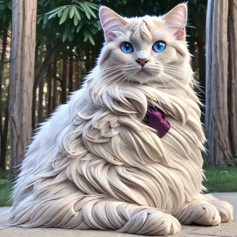 A cute ragdoll cat sits quietly，blue eyes，Look straight ahead，Smile at the corners of your mouth，Wearing a red tie around the neck，Hyperrealism，Natural hair，8K quality