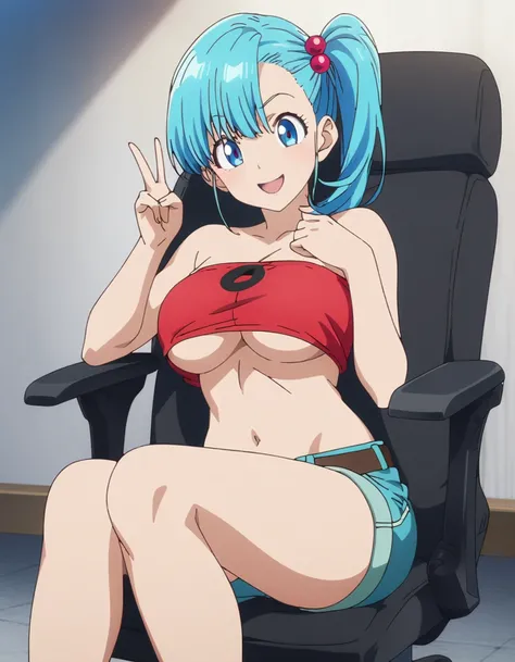 score_9, score_8_up, score_7_up, BREAK ,,,,(girl sit on chair,on your back,),(peace sign),1girl,bulma, blue eyes, blue hair,bare shoulders, belt, cleavage, hair bobbles, hair ornament, hair over shoulder,large breast,midriff, navel, one side up, red tube t...