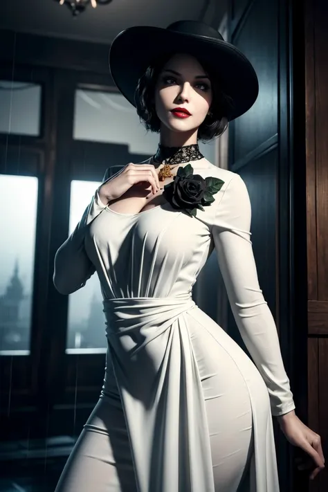 resident evil 8,madame dumitrescu,short hair,pure white skin,golden eyes,tall,white long dress,black hat, black rose brooch,phot...