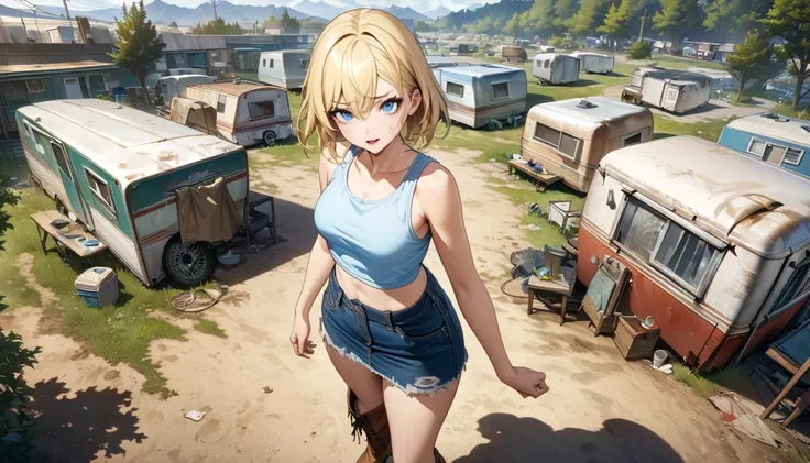 blue eyes, blonde hair, Makeup (Messy), (extremely detailed CG unity 4k wallpaper),(masterpiece),(best quality),(ultra-detailed),(best illustration),(best shadow),(absurdres),(detailed background), Trailer park, Short blonde hair (very Messy), Croptop tank...