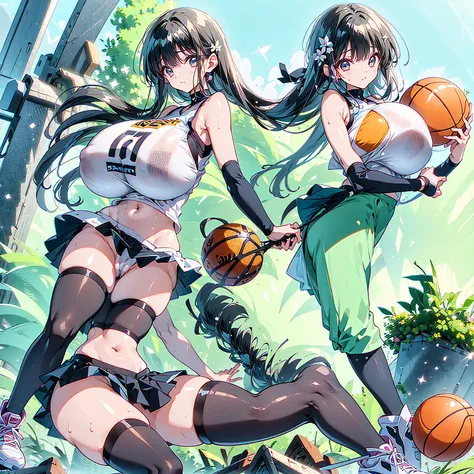 (gigantic breasts), (vulgarity)) ((large areolae)) (1girl), (vulgarity) (in heat) (sweat) (masterpiece) (high resolution)) (gigantic breasts),(1girl) beautiful girl,(cameltoe)(((gigantic breasts))),Basketball player a cartooned woman wearing a basketball j...