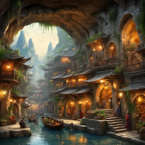 (best quality)), ((masterpiece)), ((realistic,digital art)), (super detailed), fantasy, rich market in an underground stone city, style nain