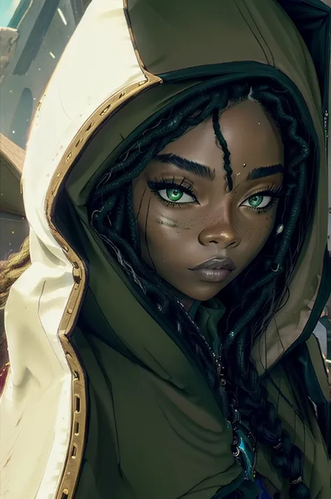 best quality, intricate details,
1girl, senna \(league of legends\), 1girl, dark-skinned female, dreadlocks, hooded cape, green ...