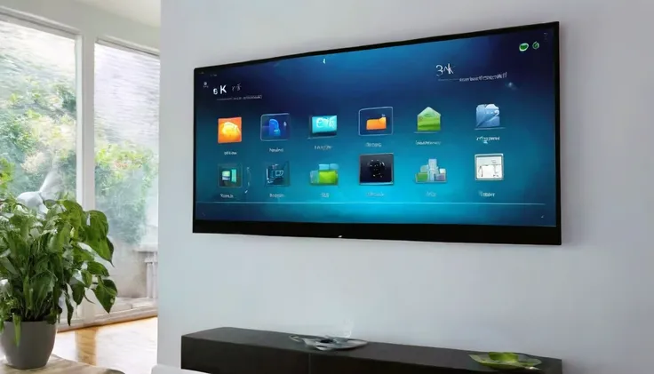 A user interacting with a large, wall-mounted touchscreen in a smart home. The screen displays various controls for home automation, such as lighting, temperature, and security systems. The room has modern furniture, indoor plants, and sleek gadgets seamle...