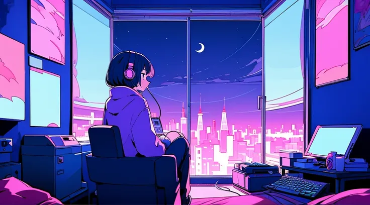 (from behind), anime girl sitting in front of a computer in a cozy bedroom, girl listening to music in a cozy room (night), usin...