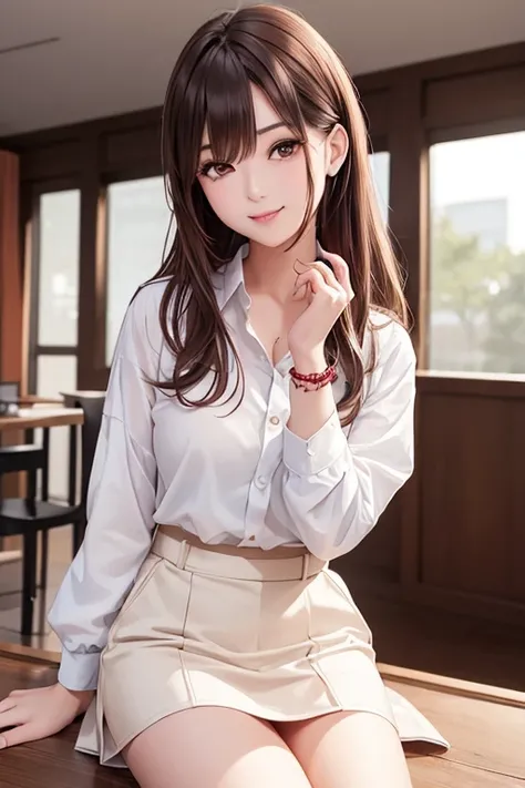 One girl, View Viewer,Red eyeshadow, Brown Hairロングヘアー,Korean beauty style,Feminine fashion female characters,White shirt,Black Mini Skirt,smile, Close your mouth,alone,Natural pose,Brown Hair,bracelet,Similar to VIVIZ&#39;s UMJI,Korean Style,Korean,かわいいKor...