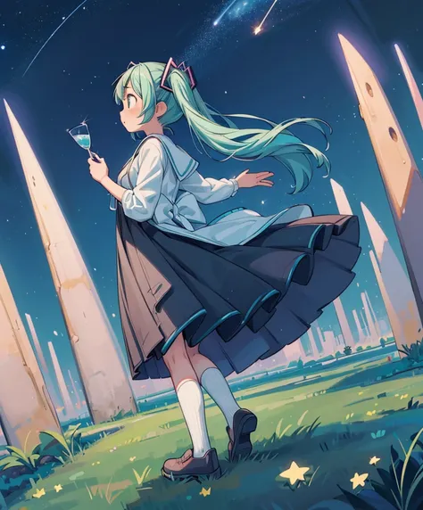 (masterpiece、highest quality、highest quality、official art、Beautiful:1.2)、(1 girl:1.3)Hatsune Miku、twin tails,big breasts,Anime girl wearing white glass , Stand on the Ground,night view ,There are many stars in the night sky,milky way ,anime style, 32k uh, ...