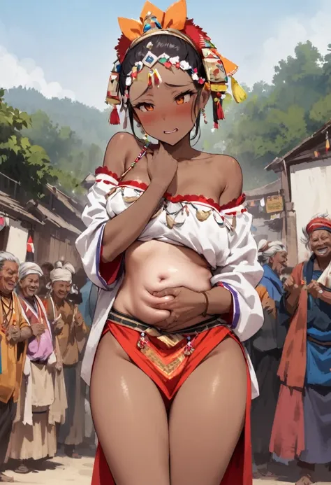 Eyes open、Dynamic Angle、Nature、Amazoness Village、Indian settlements、background、scenery、village、people々、National costume、Welcome Mood、Hospitality、festival、Brown skin、Butt、Thighs、belly button、Being touched by an old man、Molester、sexual harassment、Body touchi...