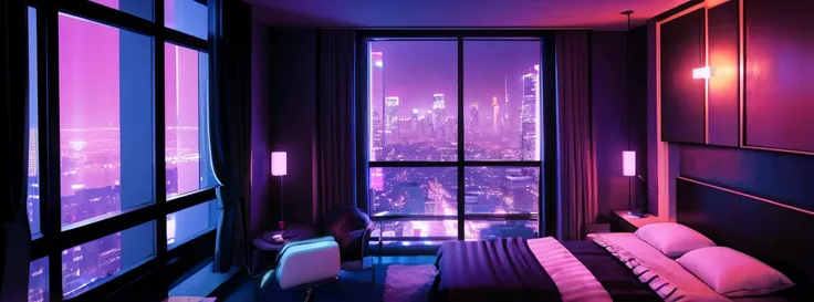 cyberpunk room , dramatic night, Bedroom with window overlooking the city at night, Woman looking out the window while lying on the bed