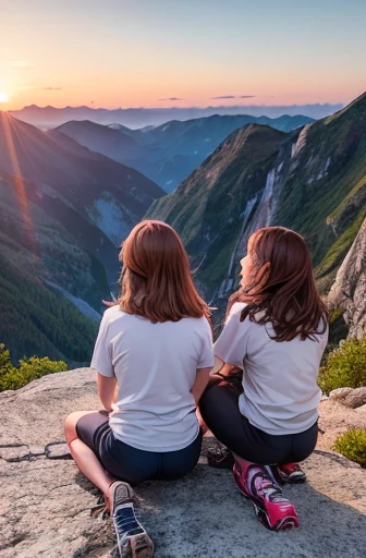 Sit on a rock at the top of the mountain and watch the sunrise、Two girls watching the sunrise、Bob Hair、Brown Hair、Medium breast、Mountaineering clothing、Hiking boots、Shot to the knee、From behind、Raw photo、masterpiece、Highest quality、Detailed Background、