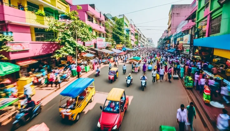 Establishing wide shot from above of busy Dhaka street during the day. The scene is filled with colorful shops, street vendors, and a mix of modern and traditional vehicles. In the foreground, a 20-year-old Bangladeshi man stands on the sidewalk, watching ...