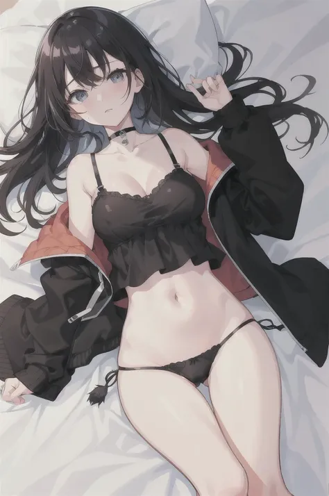 1girl, R17, white bed background, Above the thighs only, ,lying in bed, black hair, long hair, black solid choker around neck, cat eyes, cat eyes썹, moderate chest, Bra with broken straps, white dress shirt, Black Jacket, Barely Covered Breasts, navel, Plac...