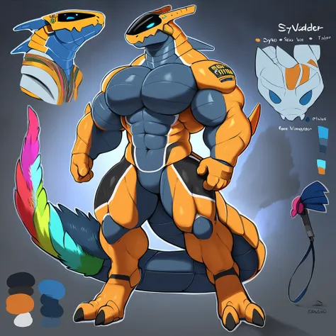 synth head, synth (species), synth_(vader-san), cyber synth anthro, bara, muscular, barazoku, bara body type, huge pecs, detaile...