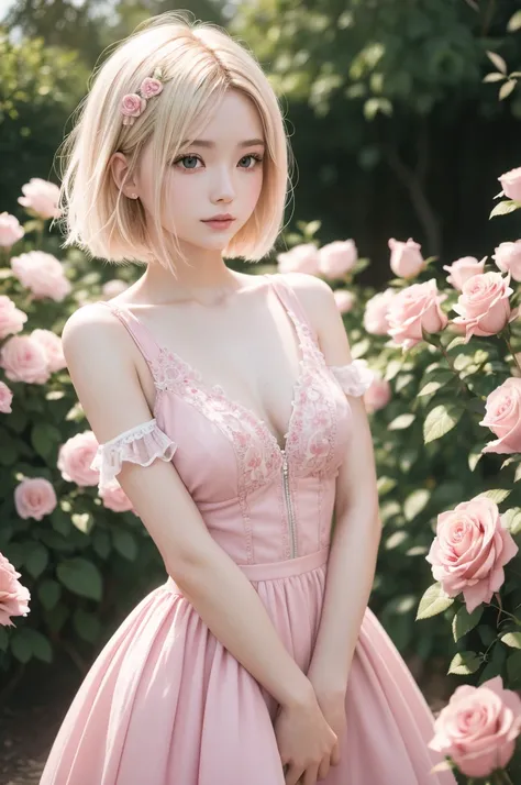 8k, RAW photo, Fujifilm, style photo of a beautiful young woman as avril in a garden of light pink roses (highly detailed skin: 1.2) Style-Petal BREAK short hair, blonde hair with colored locks, wearing a dress, film granulation, 35mm, cute style