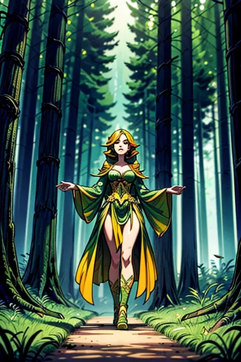 a beautiful woman is walking in the middle of a forest, she's offering her hand, green, orange and gold,like a living organism, ...