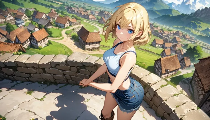 blue eyes, blonde hair, Makeup (Messy), (extremely detailed CG unity 4k wallpaper),(masterpiece),(best quality),(ultra-detailed),(best illustration),(best shadow),(absurdres),(detailed background), village, Short blonde hair (very Messy), Croptop tank top ...