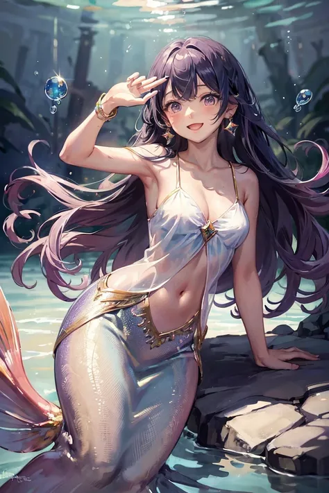 ((masterpiece, highest quality)), ((mermaid)),1 girl,  pink wavy long hair, purple eyes, open mouth, smiling, happy, cute, shining crystal earrings, rainbow colors, underwater, bubbles, sunlight streaming in