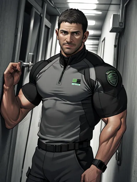 1 man, solo, 35 year old, Chris Redfield, wearing grey T shirt, smirks, black color on the shoulder and a bsaa logo on the shoulder, millitary tactical suit, tall and hunk, biceps, abs, chest, best quality, masterpiece, high resolution:1.2, upper body shot...