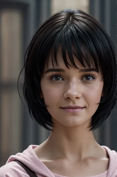 Captura de pantalla de Harry potter.
Girl with short black hair dyed pastel pink with white tips, dark brown eye color.