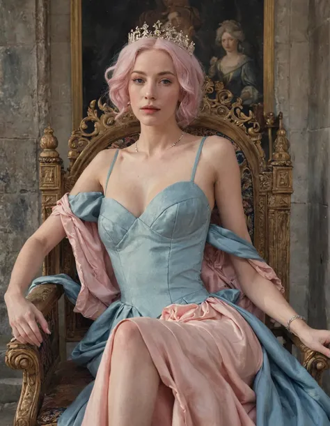 Queen sitting in a throne pink hair blue dress with inside of European castle at the background