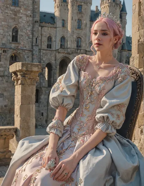 Queen sitting in a throne pink hair blue dress with inside of European castle at the background