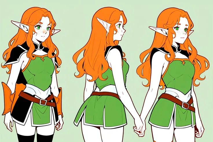 （The same character，front，side，back），Simple background，（whole body）girl，Orange hair，Long curly hair，Green eyes，Look ahead，Wearing armor，Freckles on the face，Elf ears，Short skirt，whole body像，Equal proportions，The same clothes，有frontsideback