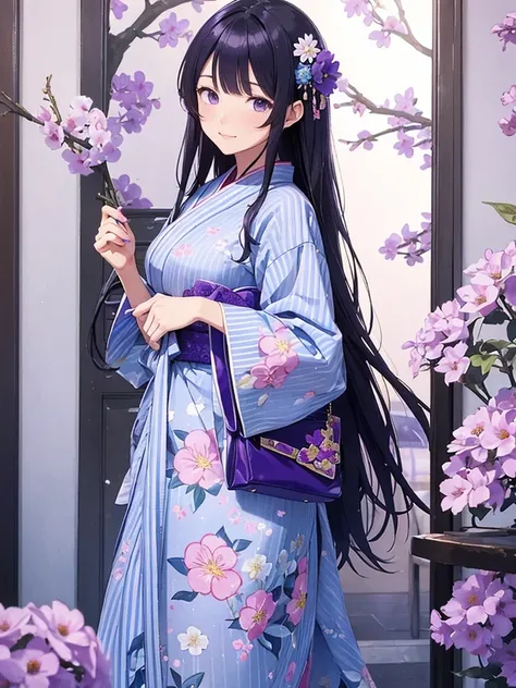 A feminine illustration of an anime Lady in blue furisode  walking towards us, holding a small handbag with morning glory pattern on the front cover page. The background is purple striped wallpaper with pastel purple flowers and large floral patterns scatt...