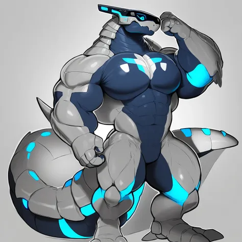 synth head, synth (species), synth_(vader-san), cyber synth anthro, bara, muscular, barazoku, bara body type, huge pecs, detaile...