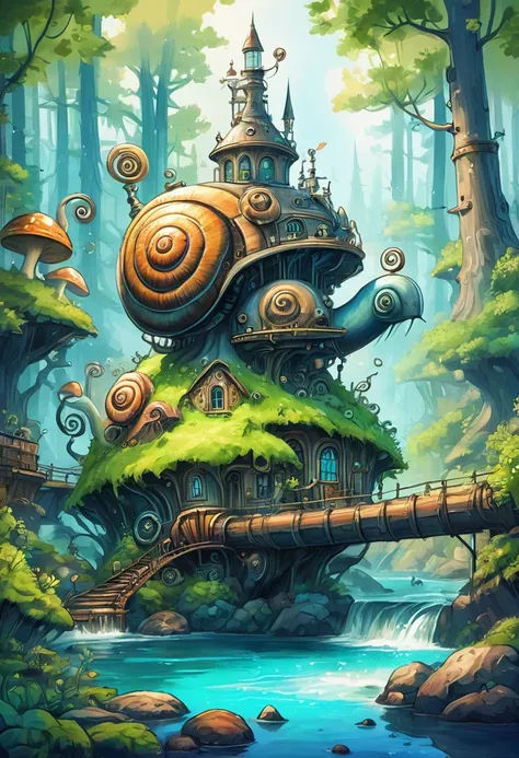 snail steampunk style in a fantastic world forest, nordic fantasy, cartoon style, water color style, perfect illustration, oil d...