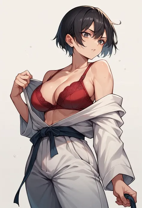 woman with short black hair, wearing a karate gi and red bra with big breasts