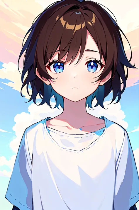 [(WHITE BACKGROUND:1.5),::5], (((masterpiece))), high quality, very_high_resolution, large_filesize, full color, Solo, (1 little boy), 13 old year, (short brown hair), vivid color, Blue eye, summer clothes, upper body, anime style