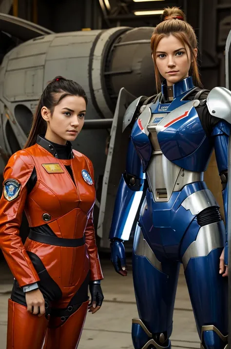 Evangellion Asuka (hair pulled back, iconic pilot suit) is standing next to her Ava(mecha), wartorn city
