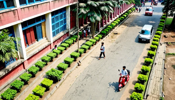 Establishing wide shot from above of college campus in Dhaka during the day. Mix of modern and traditional vehicles parked. In the foreground, a 20-year-old Bangladeshi man stands on the sidewalk, watching a girl on a red scooter. The atmosphere is lively ...