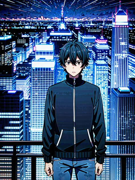 ((illustration)), (best quality)), ((masterpiece)), (detailed), ((night)), teenager, solo, 1boy, male focus, black jacket, short hair, black hair, shaggy hair, jeans,  upperbody, cityscape, lineart, thick lines, itadori, itadori_yuuji,