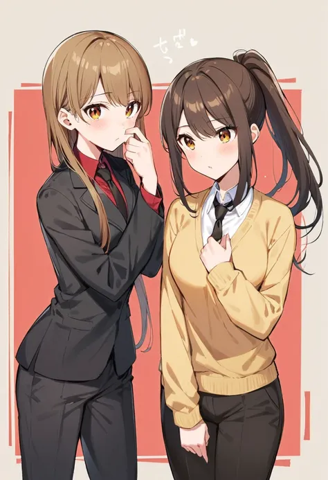 1 Girl, suit, office lady, Black trousers, Black blazer, Brown Hair, Long Hair, teenager, ponytail, Cover your nose with your hand