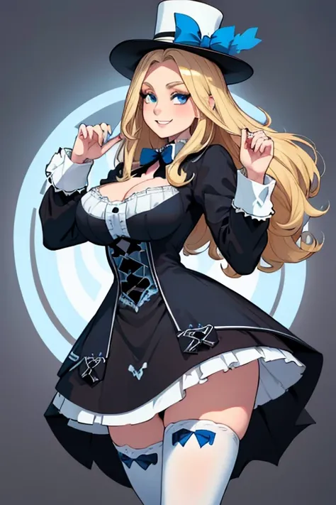 female, blonde long hair with blue bow, blue eyes, pale skin, (((1girl))), (((black long sleeve gothic dress with white trim))), (blue bows), (white and blue striped stockings), (black Mary Jane shoes), (black top hat with blue trim), cute and sexy, full b...