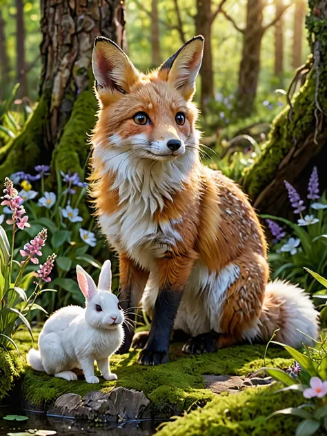 A high-resolution image featuring a realistic of big red (1fox) and little white (1rabbit) in a cheerful and happy setting. The rabbit, with soft white fur and pink-tinted ears, stands upright, its eyes bright and expressive. The fox, with a lush red coat ...