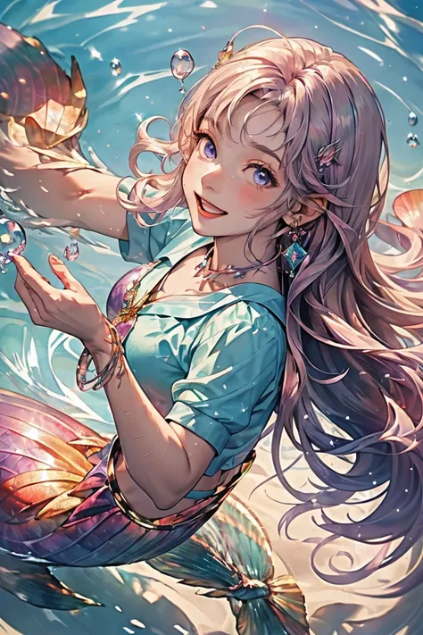 ((masterpiece, highest quality)), ((mermaid)),1 girl,  pink wavy long hair, purple eyes, open mouth, smiling, happy, cute, shining crystal earrings, rainbow colors, looking at viewer, looking ahead, from above, underwater, bubbles, sunlight streaming in