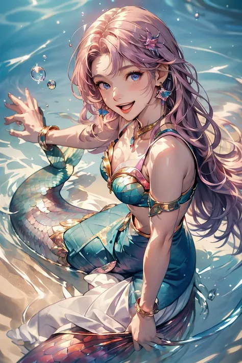 ((masterpiece, highest quality)), ((mermaid)),1 girl,  pink wavy long hair, purple eyes, open mouth, smiling, happy, cute, shining crystal earrings, rainbow colors, looking at viewer, looking ahead, from above, underwater, bubbles, sunlight streaming in