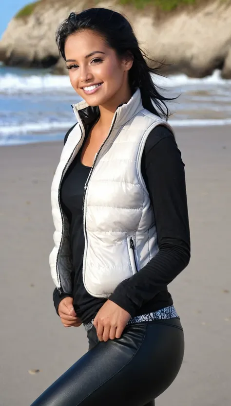 Portrait of a beautiful 25-year-old  woman, schwarze haare, beautiful latina, grey longsleeve with white padded vest and black faux leather leggins, am strand, (heller sand, helles und lebendiges Licht: 1.2), shy smile, very big , tanned, nsfw
