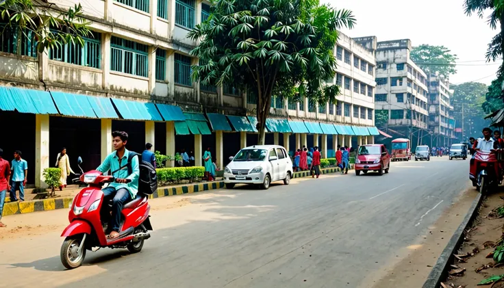 Establishing wide shot of college campus in Dhaka during the day. Mix of modern and traditional vehicles parked. In the foreground, a 20-year-old Bangladeshi man stands on the sidewalk, watching a girl on a red scooter. The atmosphere is lively and energet...