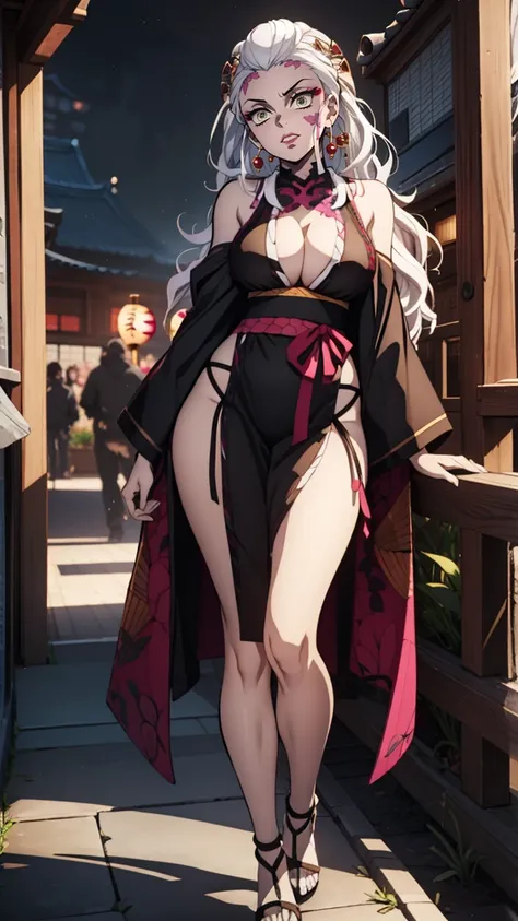 One Demon Girl, looks at the camera, portrait of a girl, beautiful waist, night, ancient japan, very sexy, grin, fangs обножены,  mouth open, fangs, smile, White hair, erotica, very sexy, beautiful body is completely visible, masterpiece, Best quality, ful...