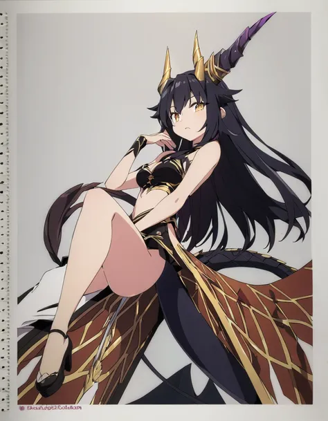 Dragon girl with crystal　golden horn　Black Hair　Dragons tail