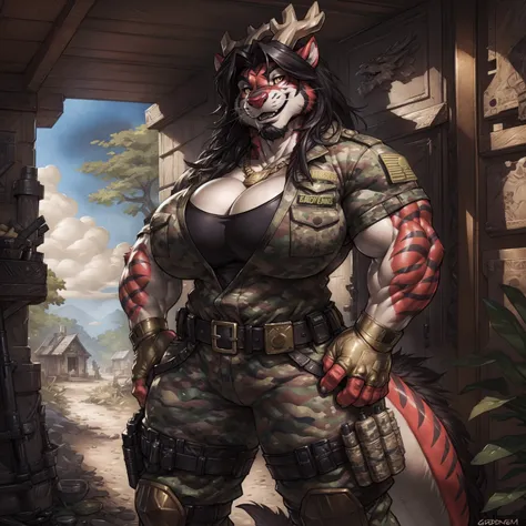 solo, 1girl, red Dragon, eastern dragon, female, broad shoulders, stocky build, buff, muscular, large breasts, gold eyes, highly detailed eyes, long whiskers,  Amazon, powerful figure, wearing camouflage_uniform, (monochrome uniform:1.2), military camp, ro...