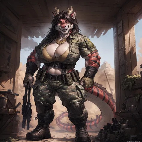 solo, 1girl, red Dragon, eastern dragon, female, broad shoulders, stocky build, buff, muscular, large breasts, gold eyes, highly detailed eyes, long whiskers,  Amazon, powerful figure, wearing camouflage_uniform, (monochrome uniform:1.2), military camp, ro...