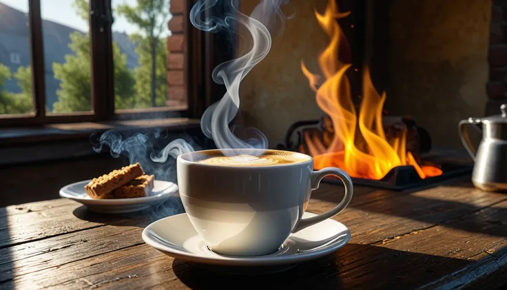 dutch angle view:1.3, viewed from above,((fantasy)1.5 photography, high-quality imagery), hyperdetailed, hyperrealistic, realism (((realistic steaming mug of coffee))), full scene, with breakfast table,sunrise, morning sun,sunrays, light reflections, cgi v...