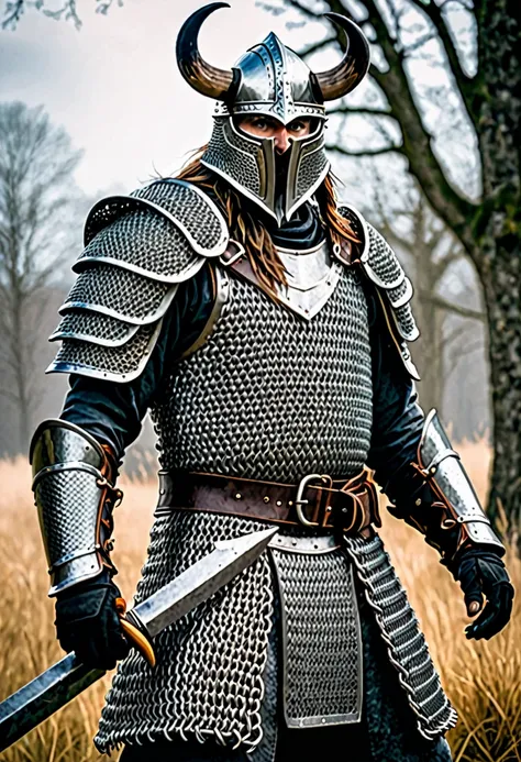 a warrior wearing chainmail armor with tusks while wielding a dark grey axe