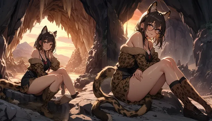 ((best quality)), ((highly detailed)), masterpiece, , (1girl), (glasses), multiple views, full body, ((wet knee socks)), -(leopard girl, brown eyes), leopard ears, leopard tail, leopard-print fur, large fangs, (outdoors, in a dark stone cave, stalagmite, s...